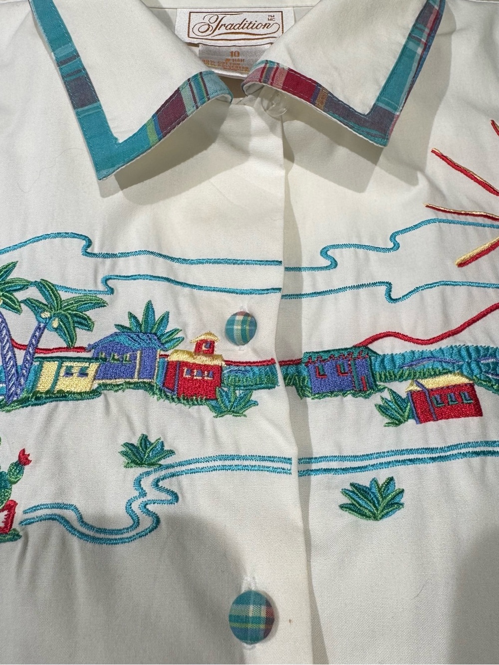 Vintage White Embroidered Coastal Scene Short-Sleeve Button-Down Shirt Size 10 - Picture 5 of 11